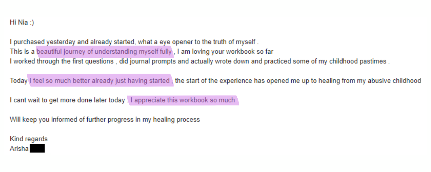 Testimonial about the Shadow Work for Beginners workbook