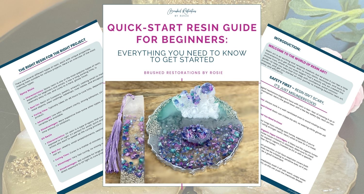 Digital cover for Quick-Start Resin Guide for Beginners by Brushed Restorations by Rosie. The image features a resin art guide with pages detailing resin types, safety tips, and beginner-friendly techniques. A decorative resin piece and bookmark with purple and blue crystals are displayed, emphasizing creative resin art possibilities. Designed for new resin artists looking for an easy-to-follow introduction.