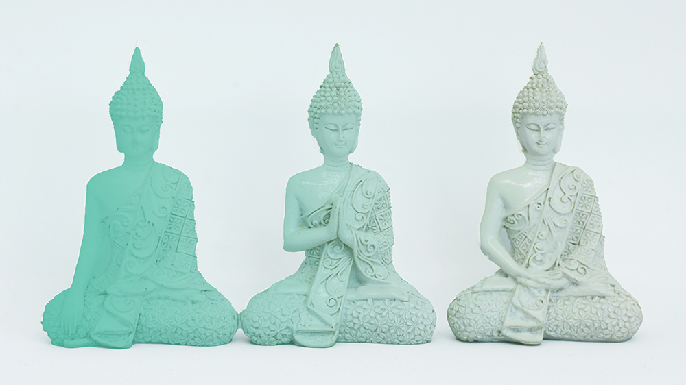 A row of Buddha statues, the first of which is shaded green