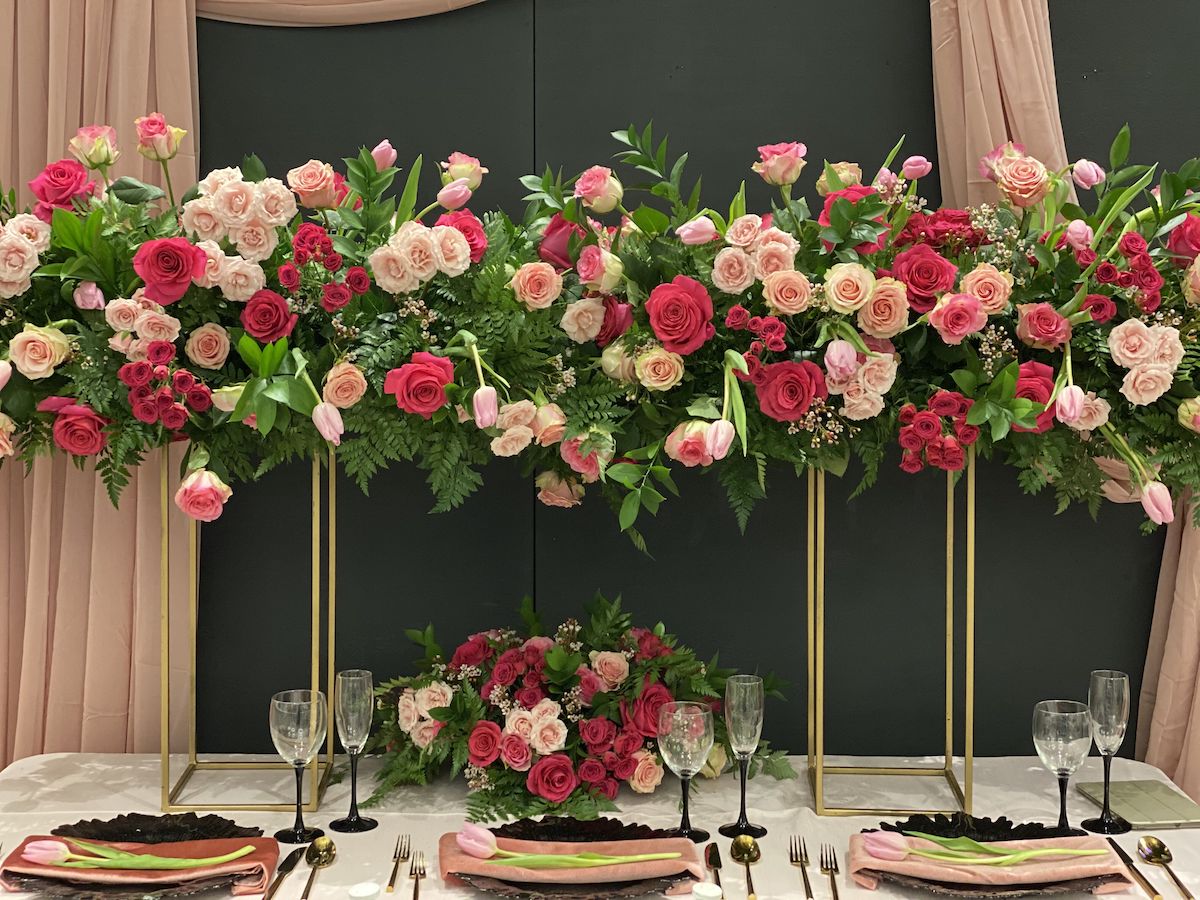 Roses, Tulips, Greenery in a tall gold stand