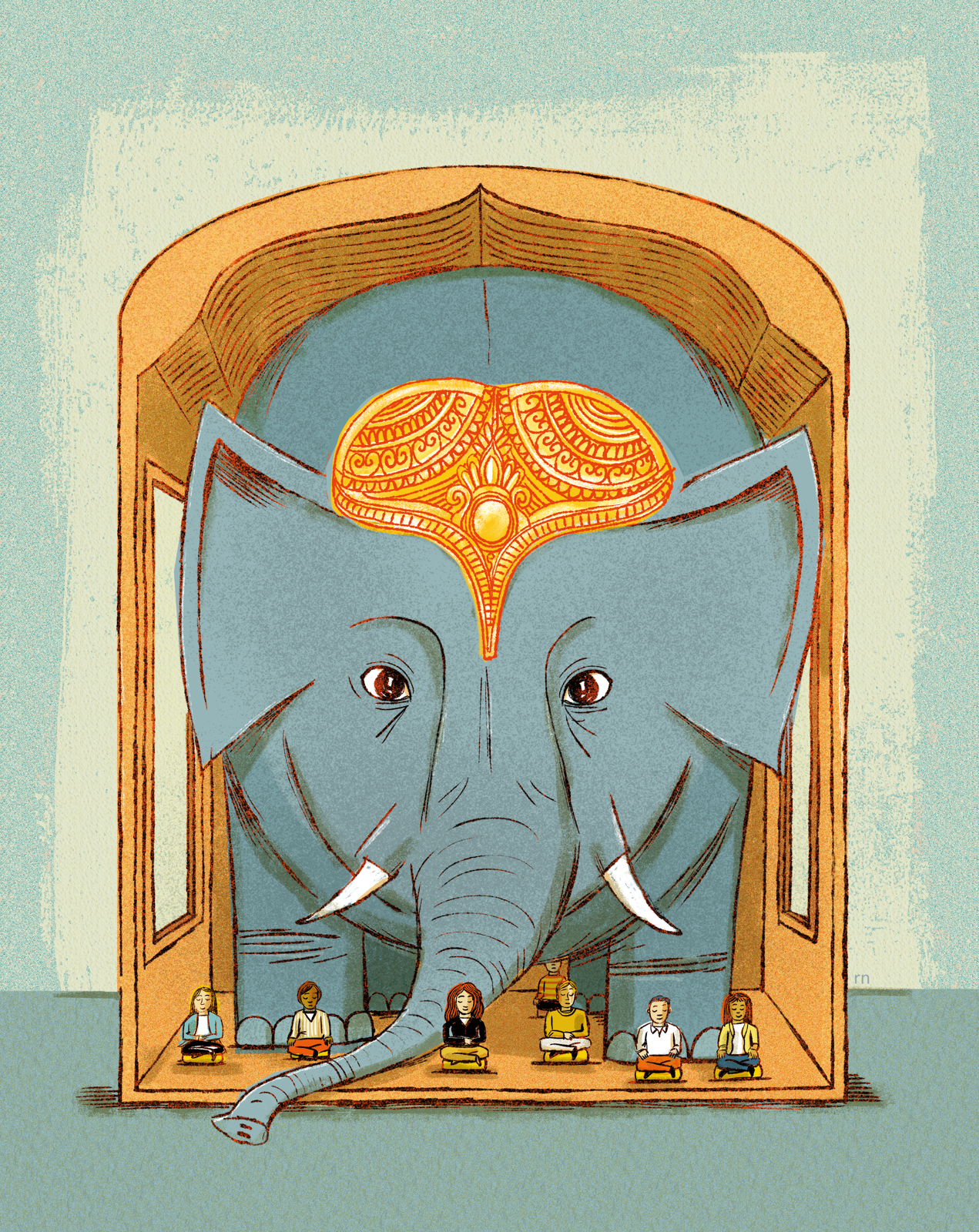 A comical illustration of an elephant filling a dharma hall while meditators ignore it.