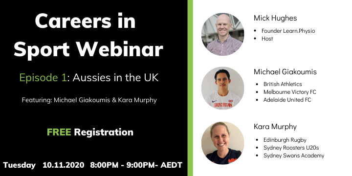 Learn.physio webinar series involving Mick Hughes, Michale Gaikoumis, and Kara Murphy who share their experiences in professional sports in the UK.