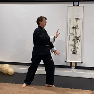 Woman in T'ai Chi clothes performing Brush Knee.