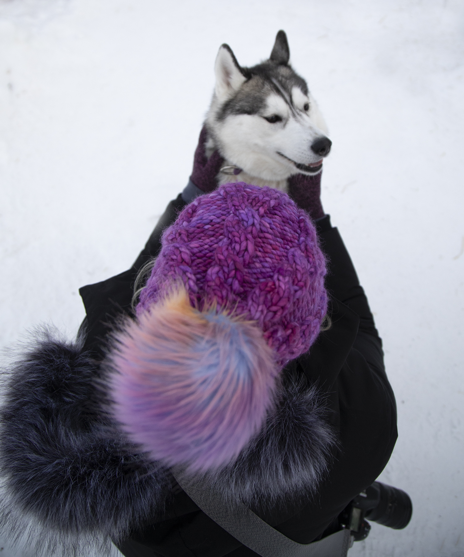 girl wearing knit hat with pom petting a dog in the snow