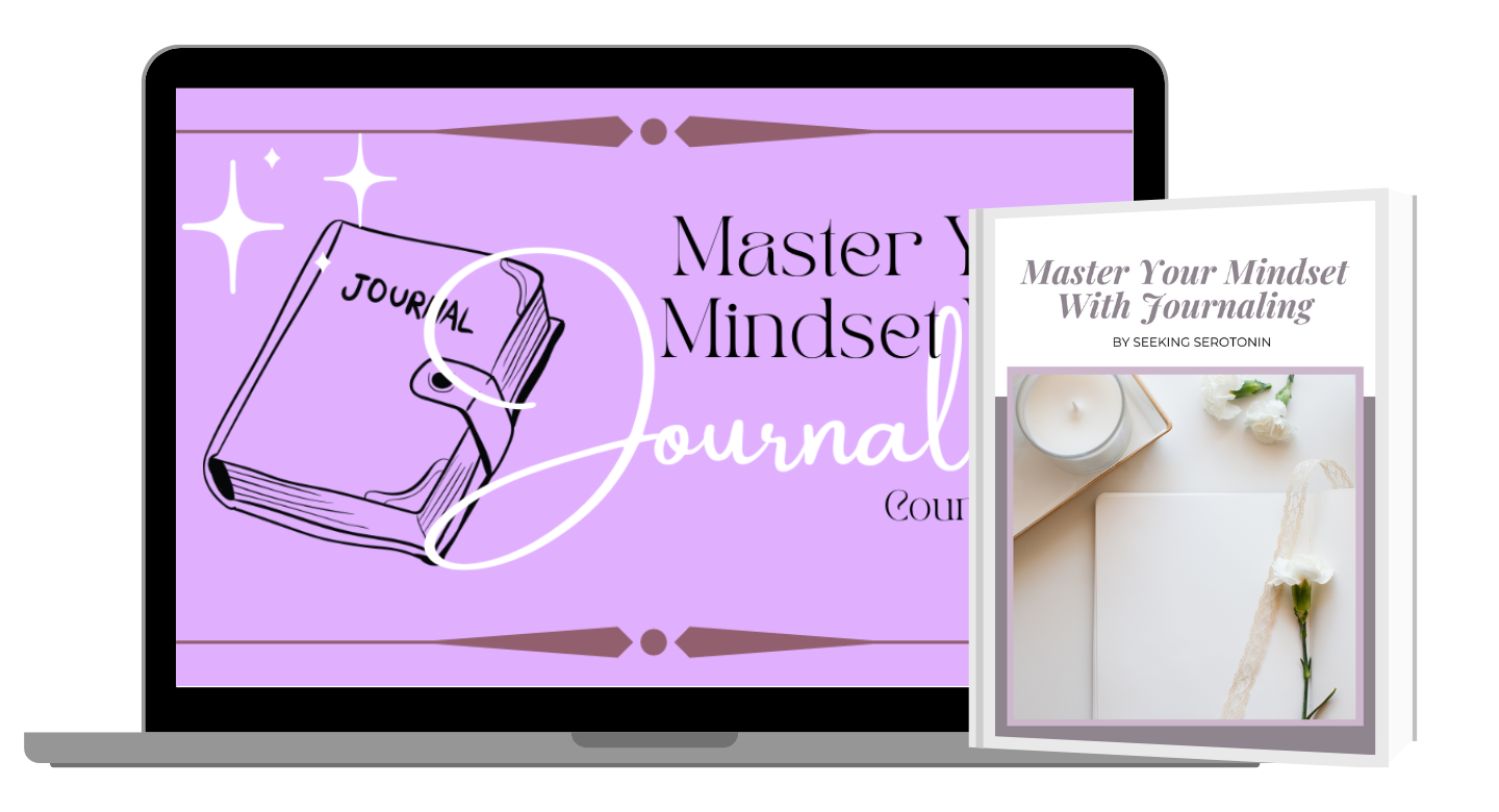 Master Your Mindset with Journaling course and workbook open on an iphone, laptop and ipad