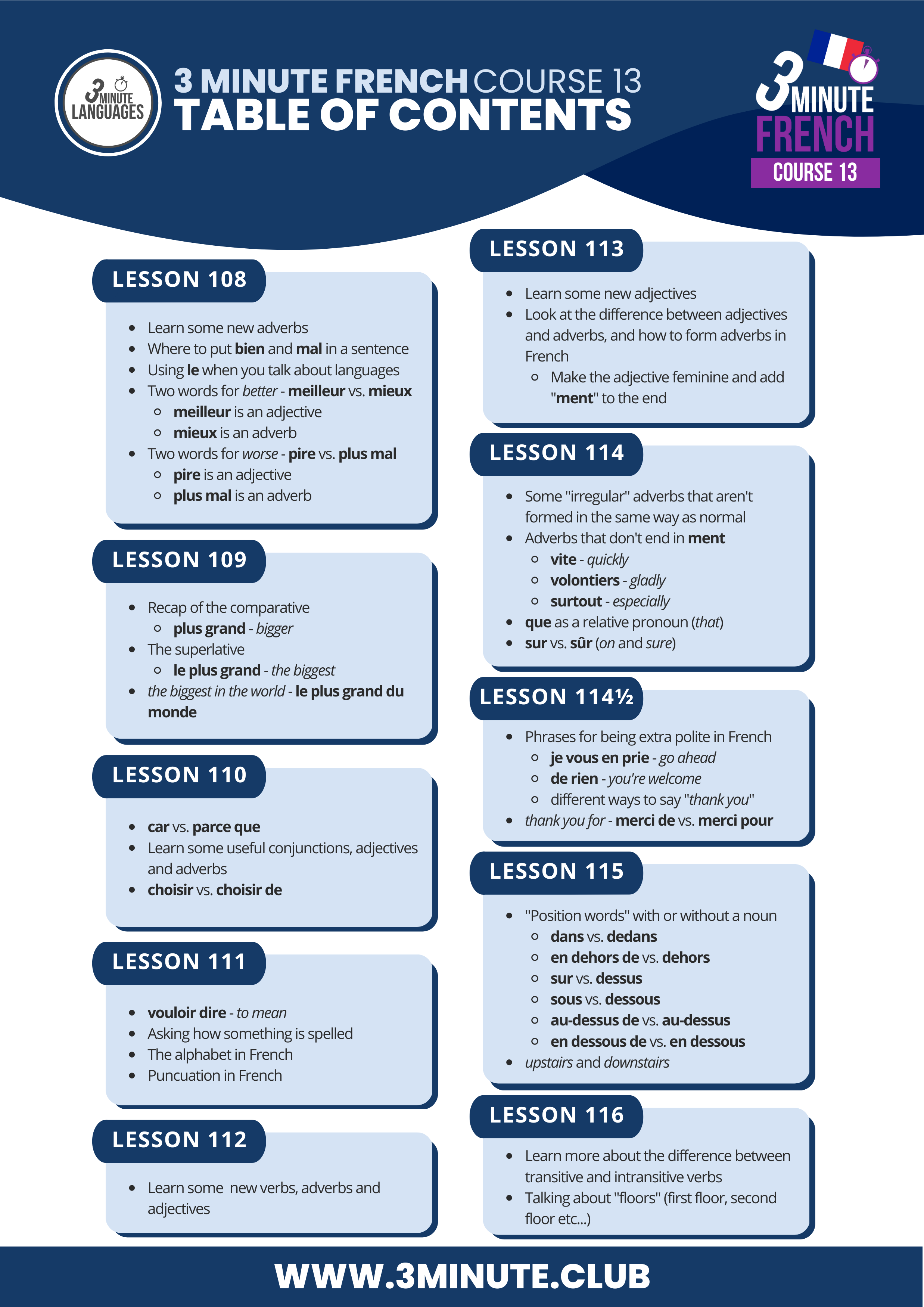 3 Minute French - Course 13 - Table of contents