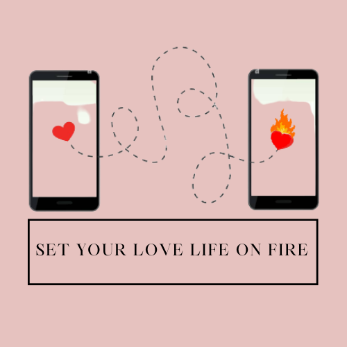A heart in one phone travels to a heart in another phone, setting love aflame