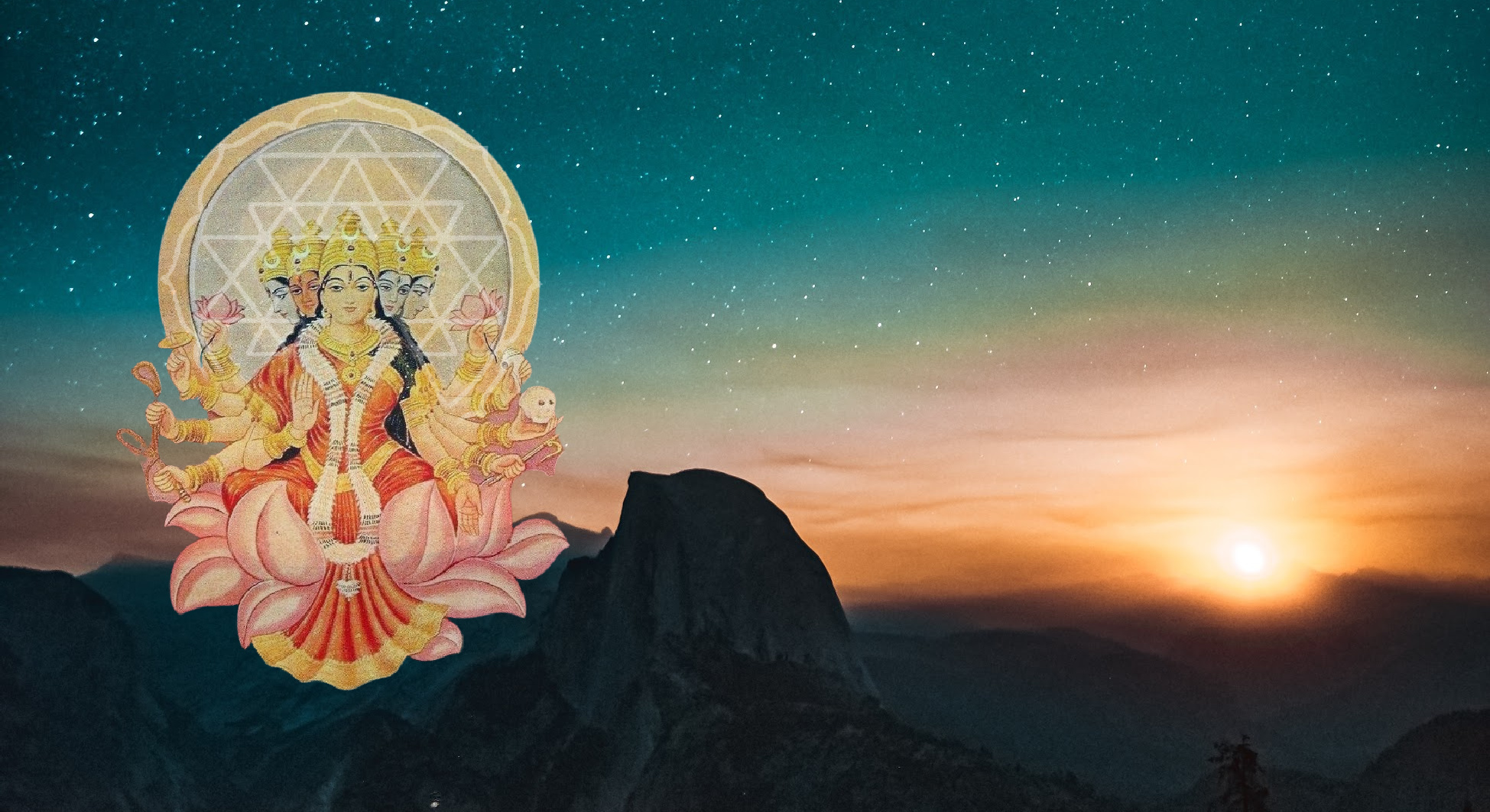 Banner for meditation program that inclues Goddess Lakshmi and a night sky with setting sun and stars