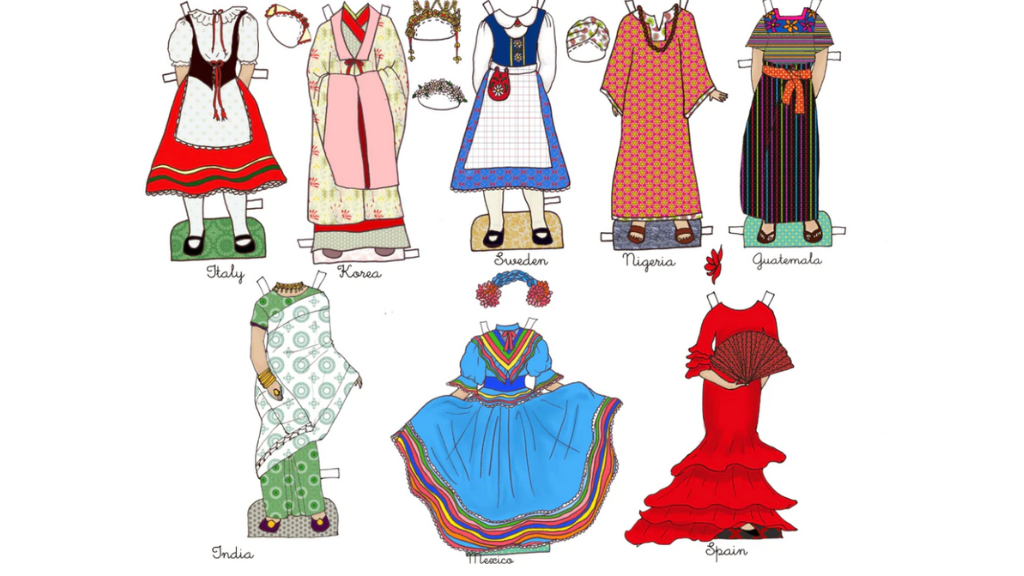 Paper Dolls Girls Around the World outfits featuring Italy, Korea, Sweden, Nigeria, Guatemala, India, Mexico and Spain