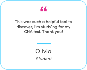 Olivia's testimonial: This was such a helpful tool to discover, I'm studying for my CNA test. Thank you!