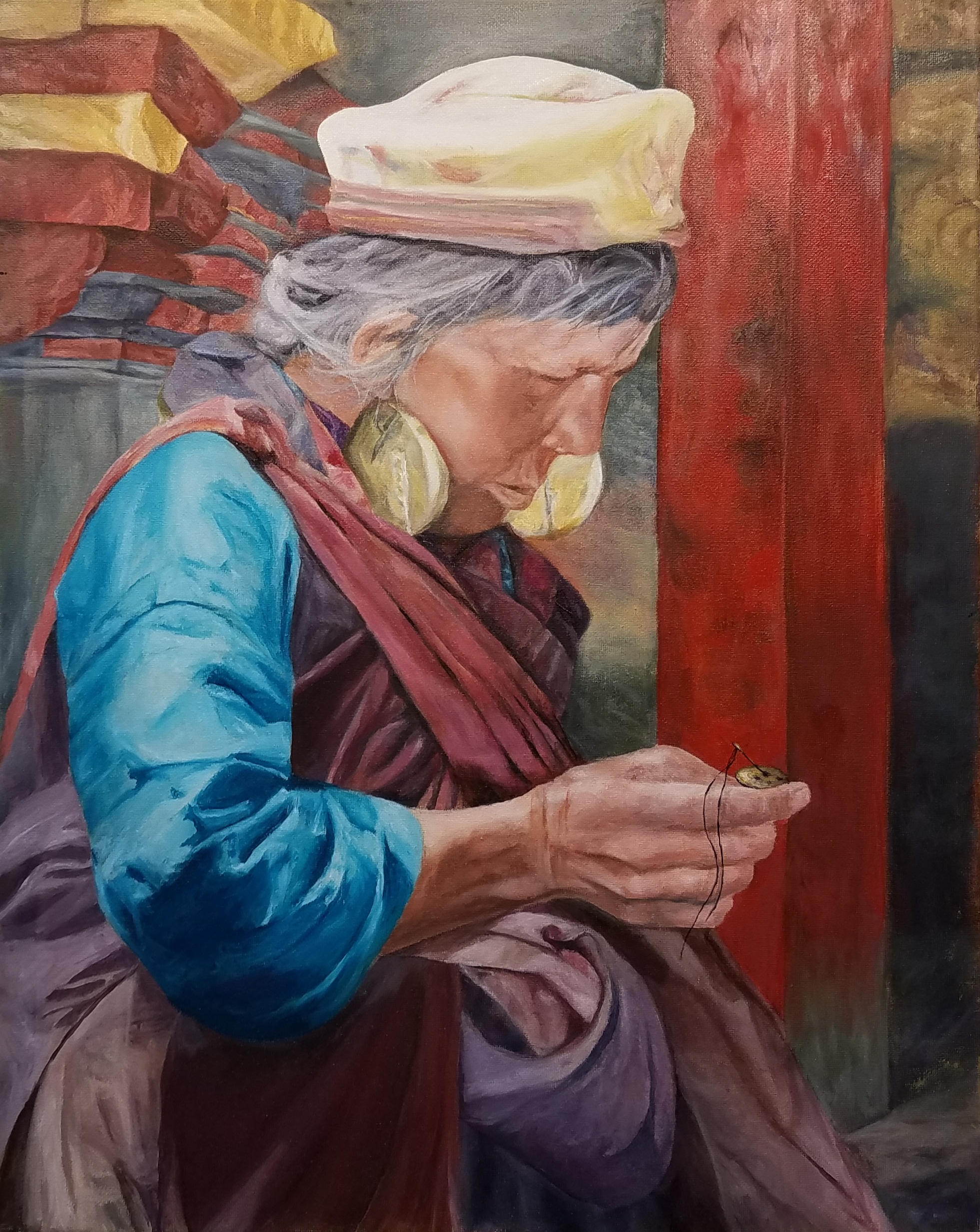 Oil painting of a old woman sewing, testimonial from student, Iris Toombs of RL Caldwell Studio