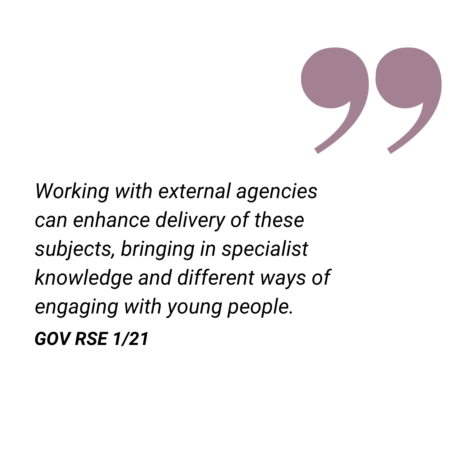 Working with external agencies can enhance delivery of these subjects, bringing in specialist knowledge and different ways of engaging with young people.