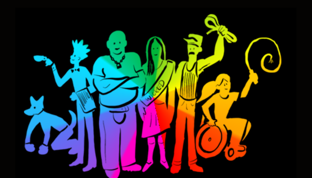 Our patreon logo, with a human pup, queer kink barista, dominant man, sashholder woman, hipster holding rope, and woman in a wheelchair swinging a whip, rendered in the hues of the rainbow.