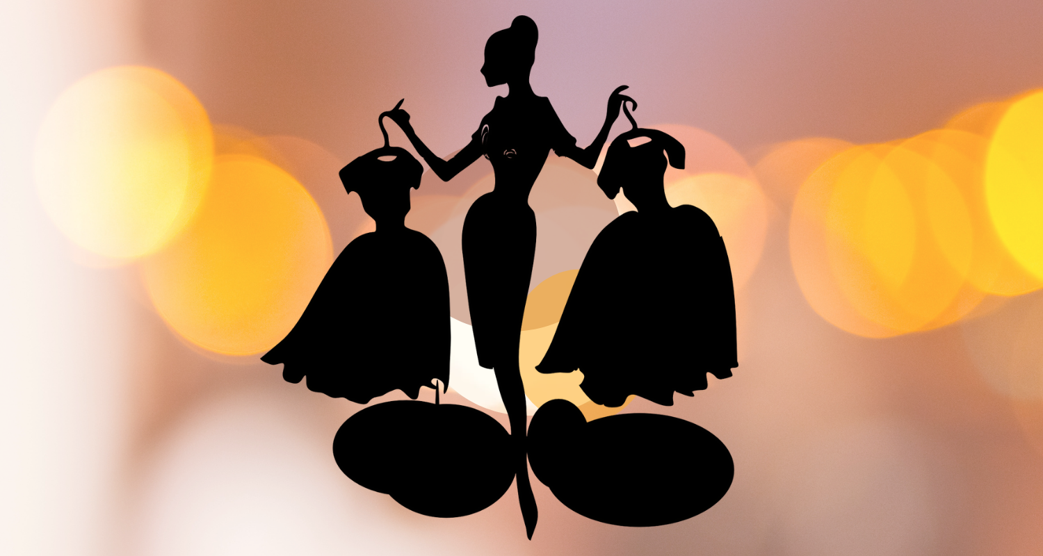 Silhouette of Hollywood Stylist holding two dresses.
