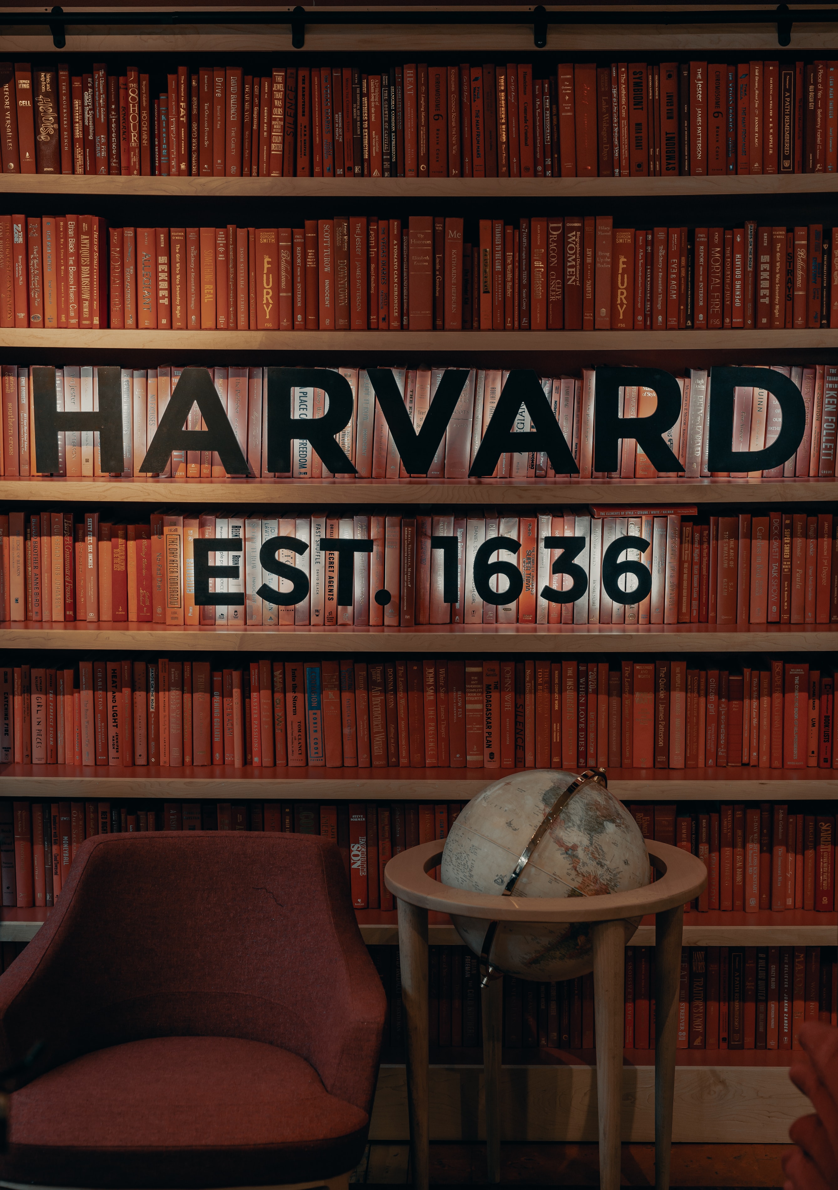 &quot;Harvard Est. 1636&quot; on a bookshelf