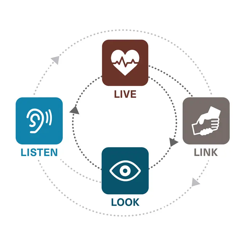 Psychological First Aid cycle of Listen, Live, Link, and Look. 