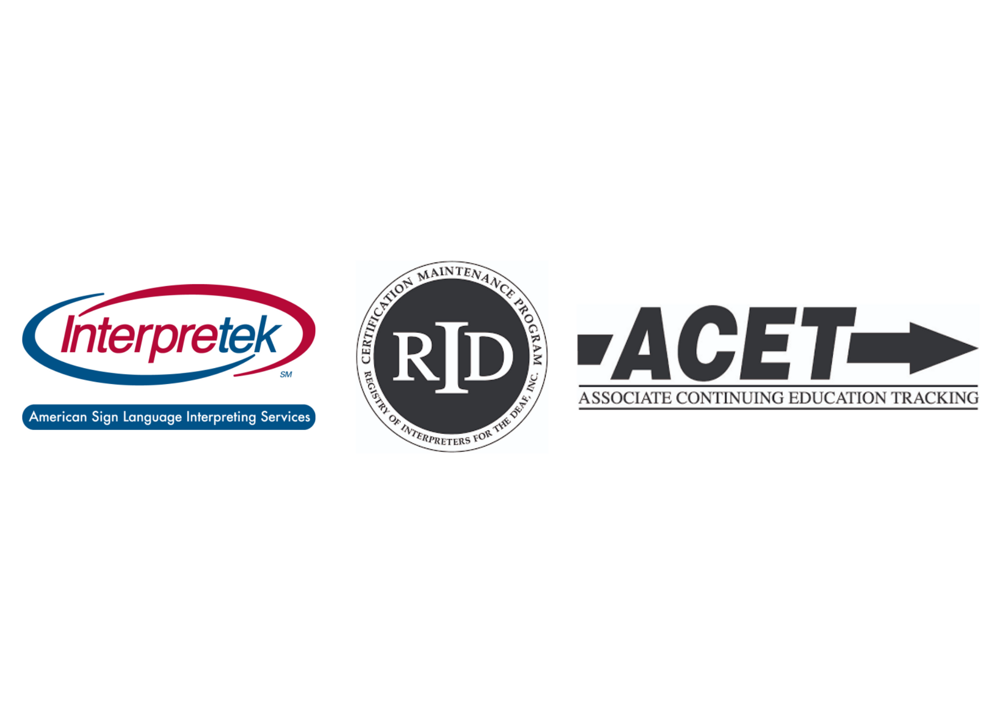 Logos for Interpretek, ACET, and RID CMP