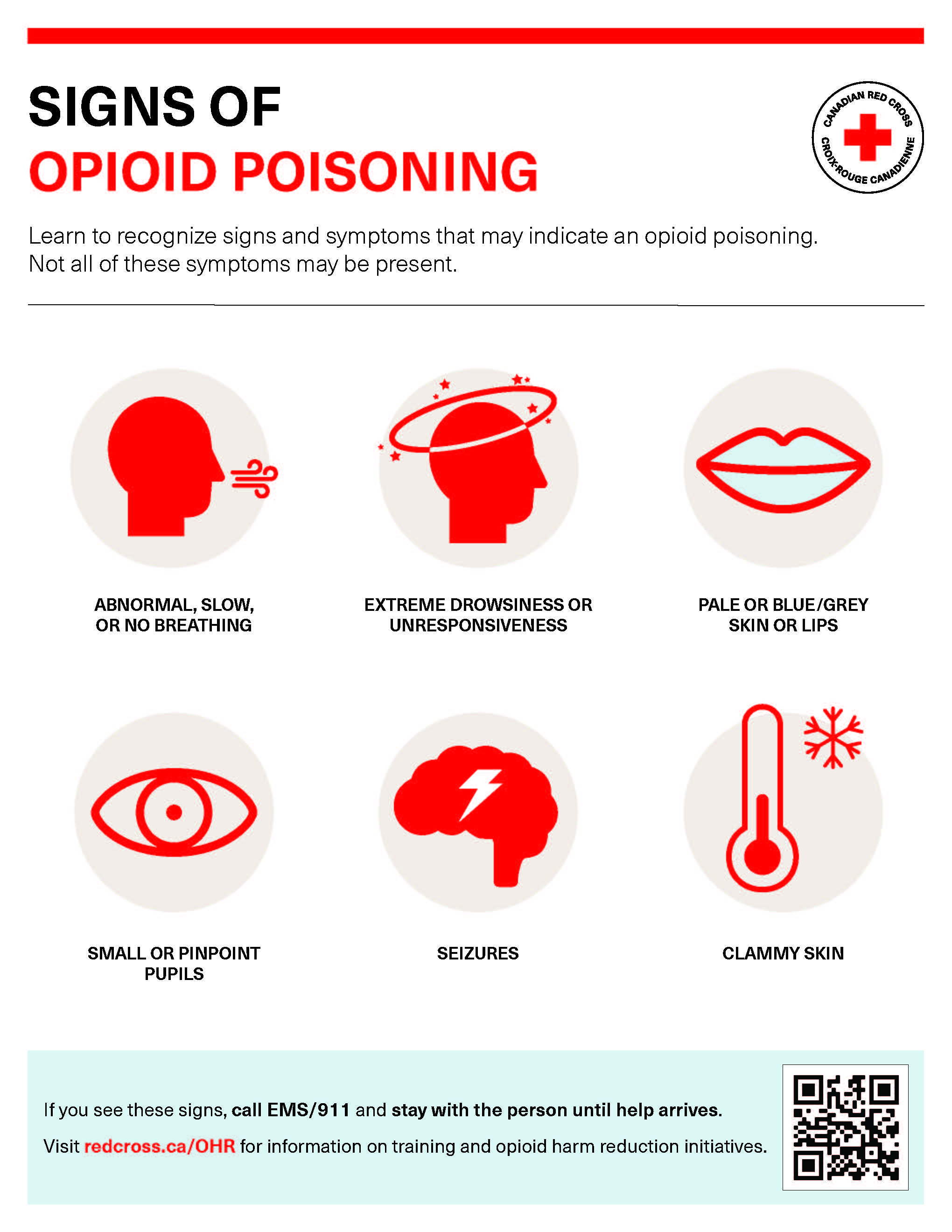 Poster of Signs of Opioid Poisoning by the Canadian Red Cross: learn to recognize signs and symptoms that may indicate an opioid poisoning. Not all of these symptoms may be present.  Abnormal, slow or no breathing Extreme drowsiness or unresponsiveness Pale or blue/grey skin or lips Small or pinpoint pupils Seizures Clammy skin If you see these signs, call EMS/911 and stay with the person until help arrives. Visit redcross.ca/OHR for information on training and opioid harm reduction initiatives.