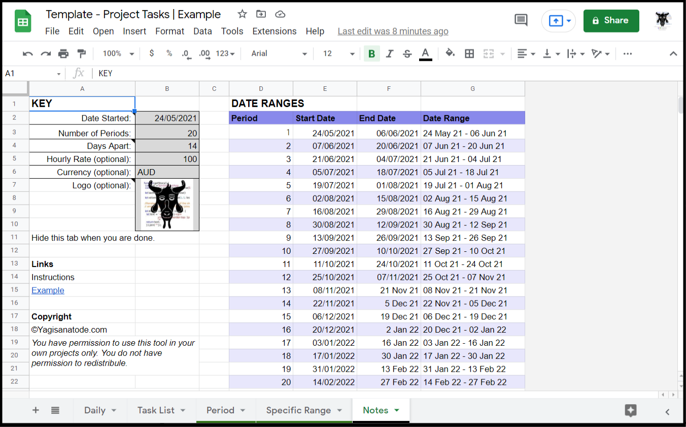 Google Sheets Project Tasks - Notes tab