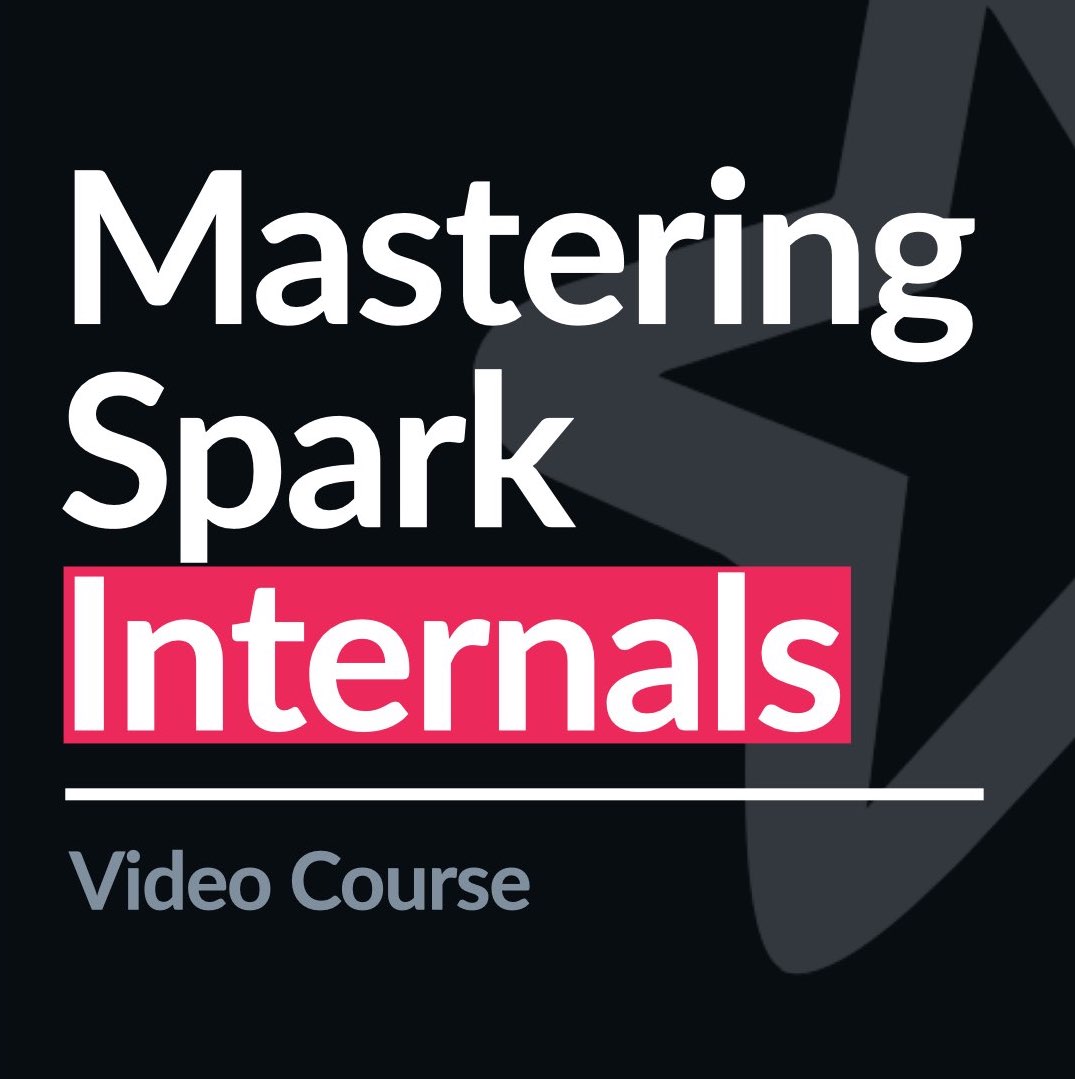 The logo of the product. In the background the Spark learning roadmap. In front the title of the video course: Mastering Spark Internals