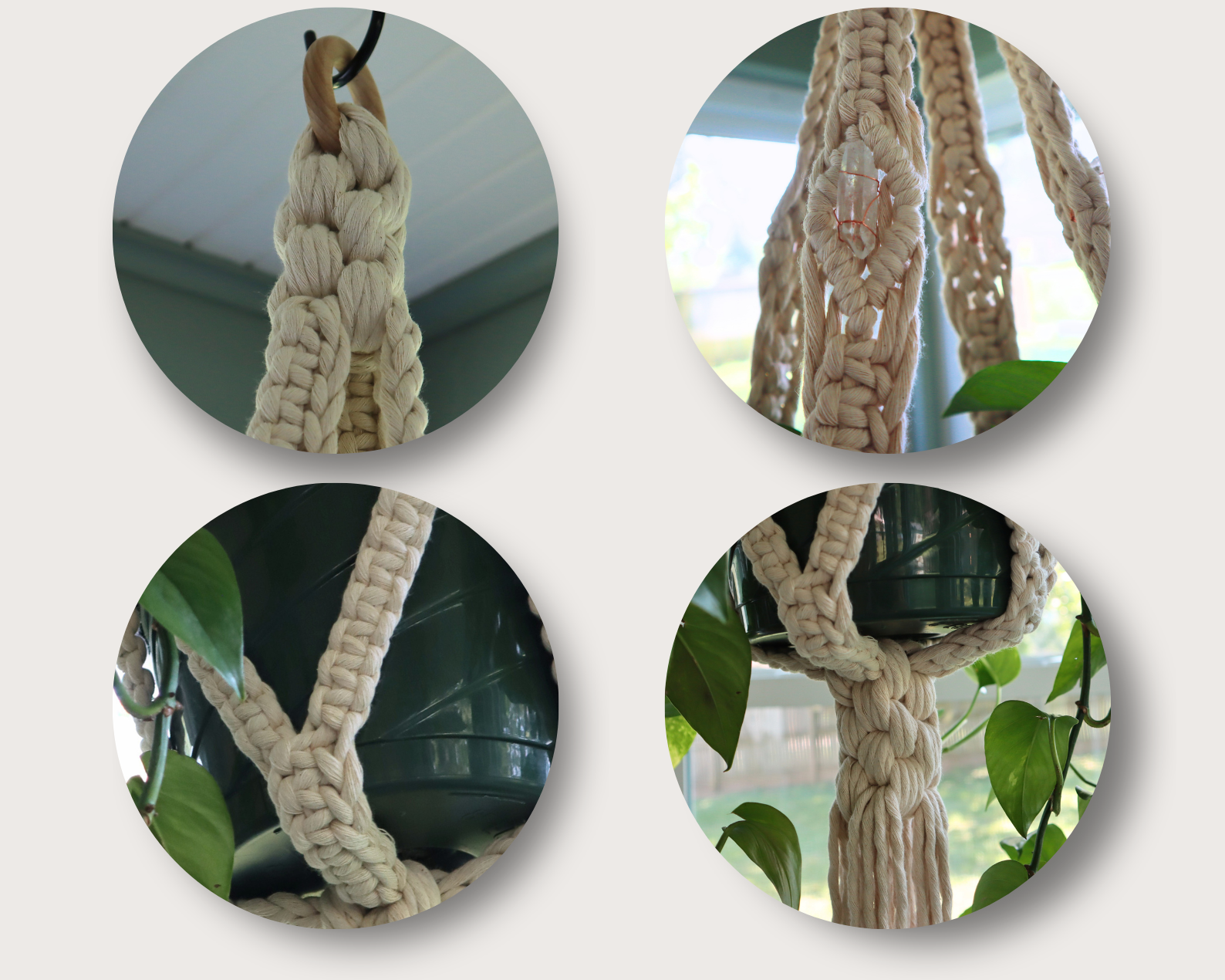 4 close up images of different parts of the Delphinia Macrame Plant Hanger