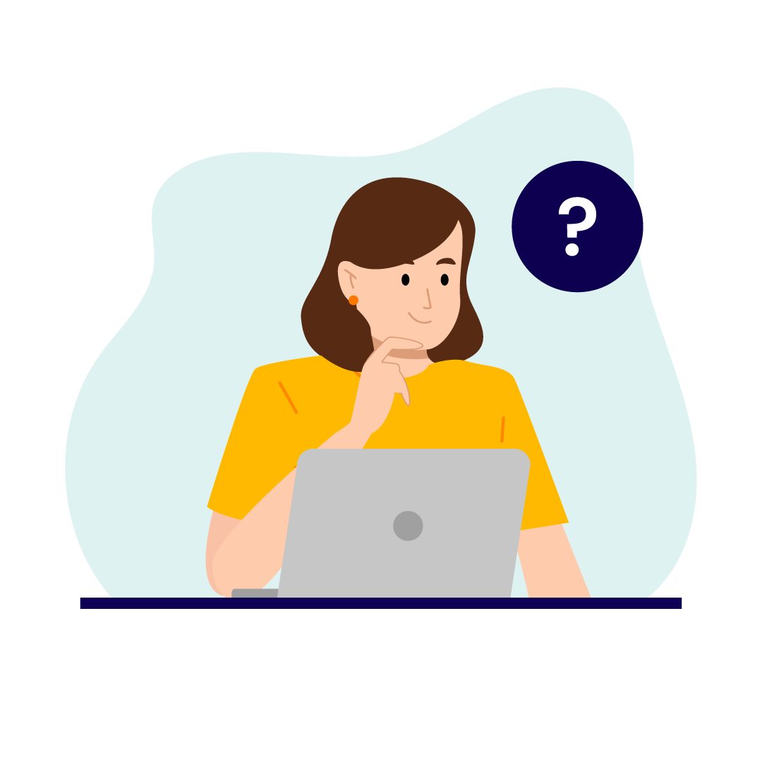 Woman working on a laptop and thinking of a question