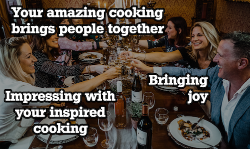 happy group eating dinner and toasting with a text overlay