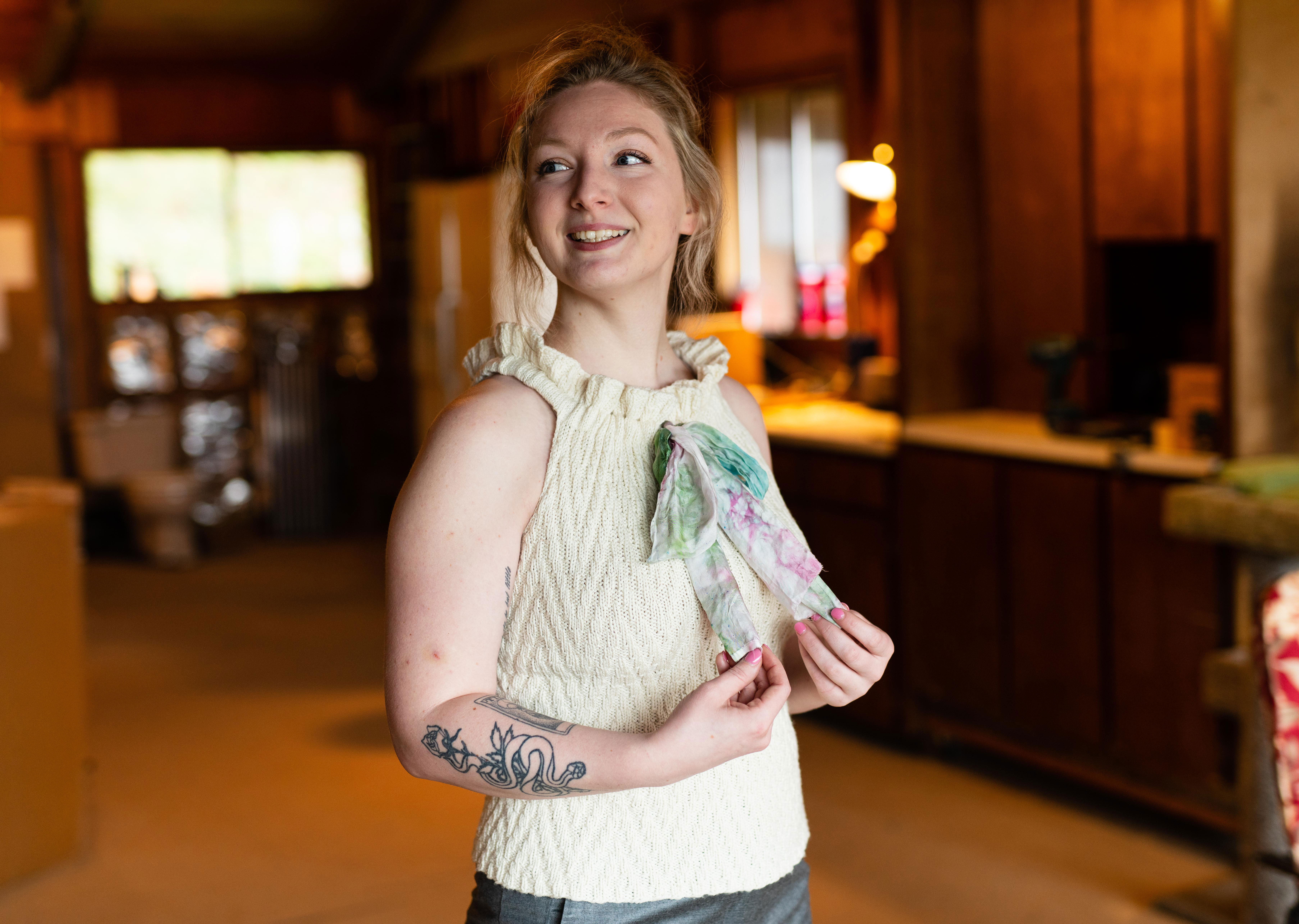 Model wearing one of Jill Wolcott Knits Designs