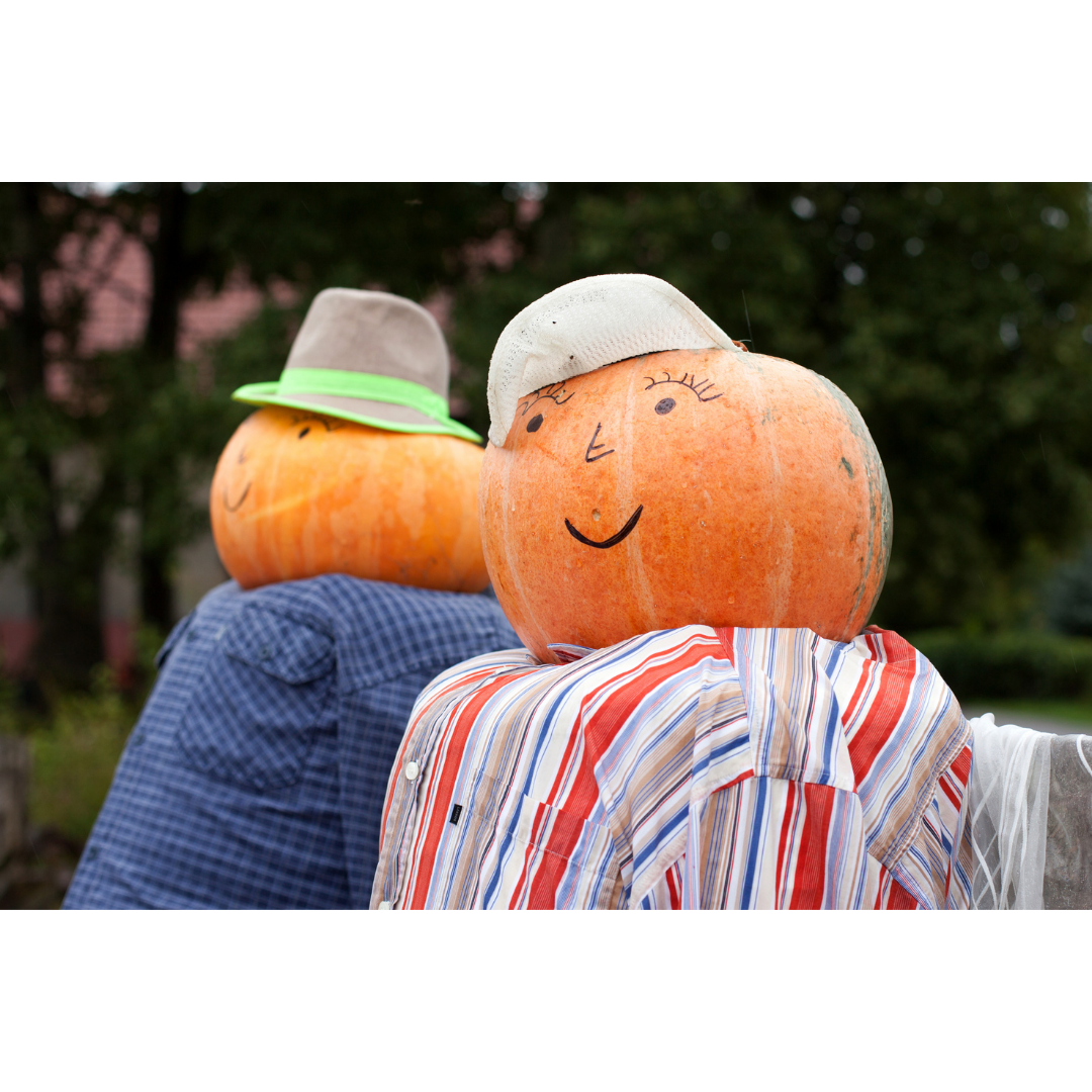 two pumpkin heads with hats on