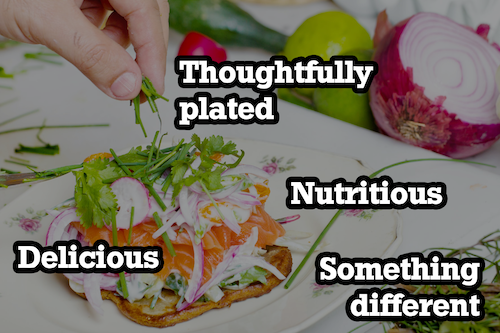 healthy well-plated meal with a text overlay