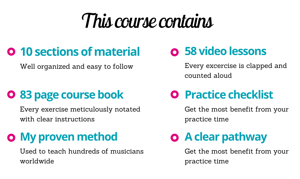 This course contains 10 sections of material, 58 video lessons, 83 page course book, practice checklist, my proven method, a clear pathway.  