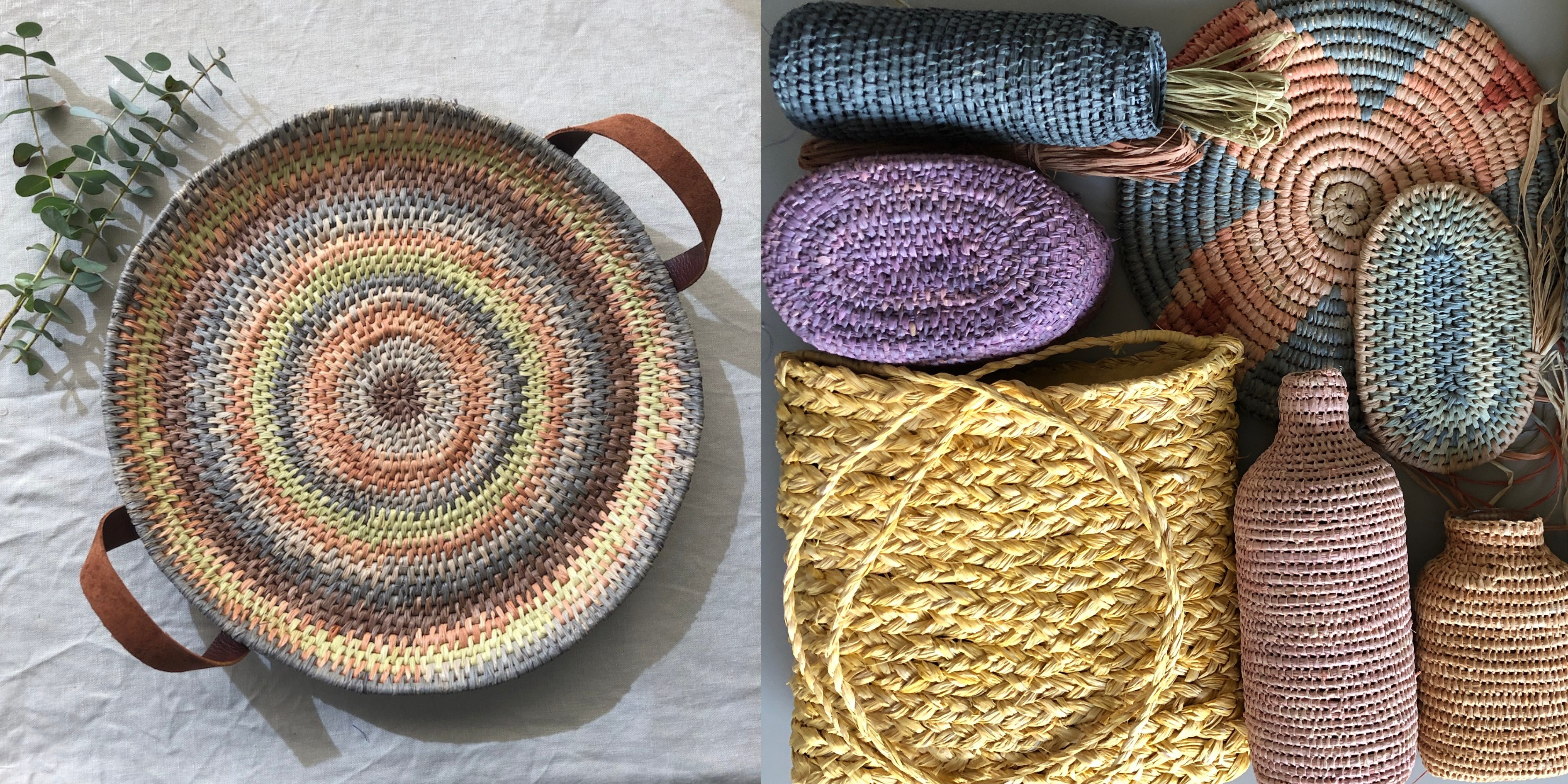 This is a picture of colourful raffia baskets