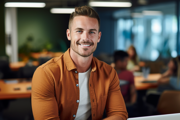 Smiling Salesforce professional reading the guide, with a background of a thriving business environment