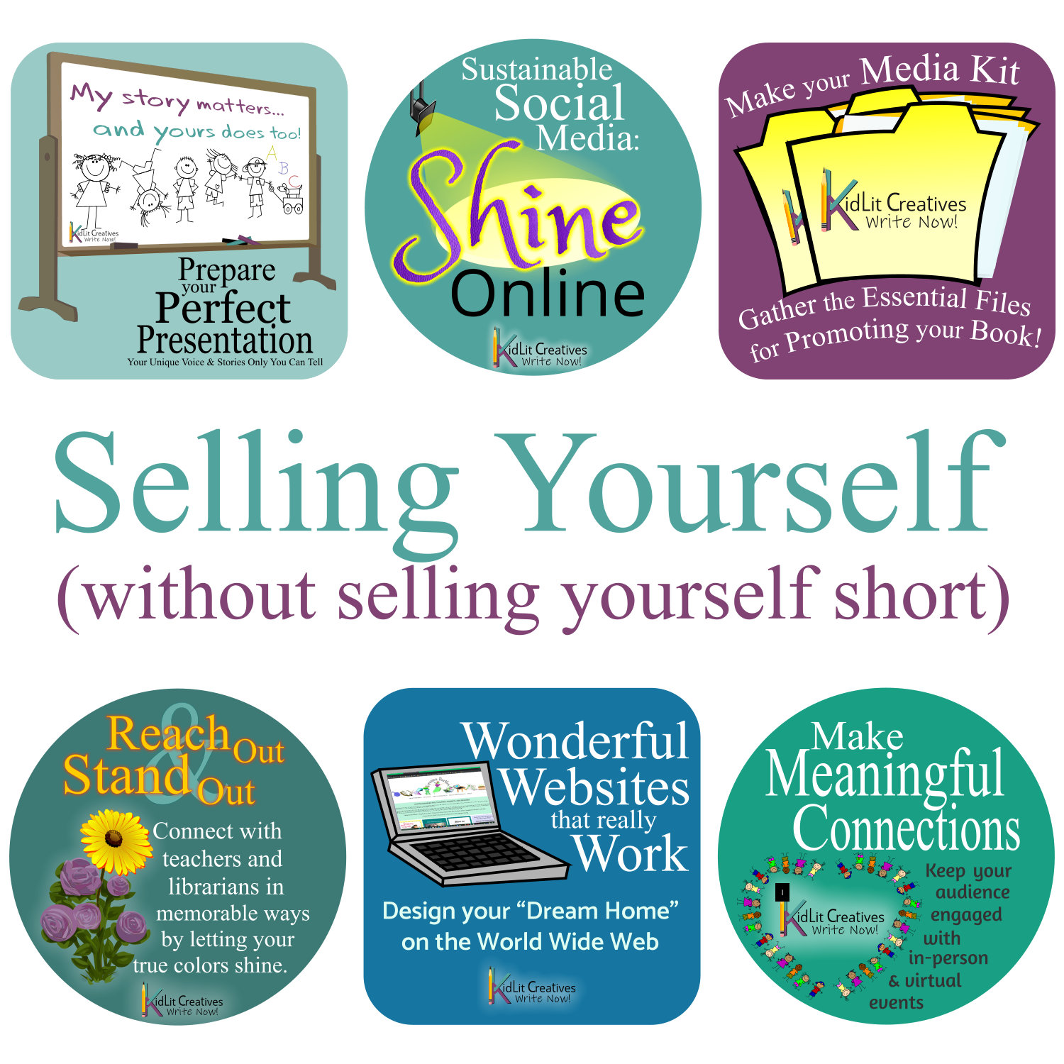 white background with the words Selling Yourself (without selling yourself short) in green &amp;amp; purple, plus course logos for all 6 courses in the series