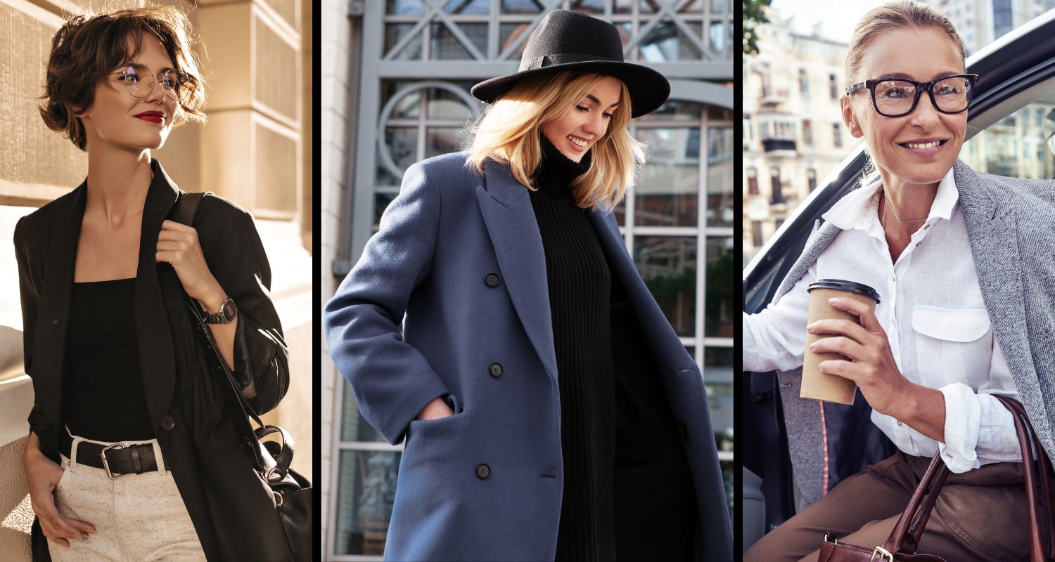 stylish smiling woman in blue coat with one differently stylish woman on either side of her