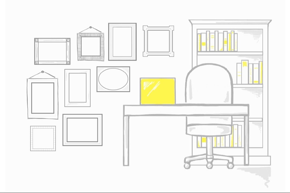 Sketch of desk, chair, shelf, artwork, and laptop