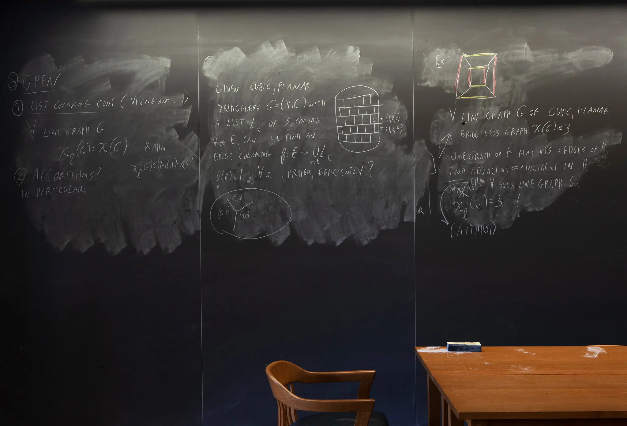 Dusty chalkboard with faint academic markings written on it.