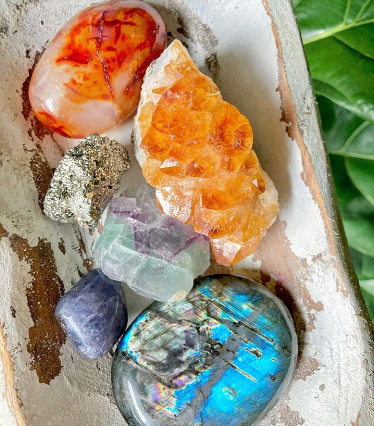 bowl of crystals, orange, labradorite, carnelian, pyrite