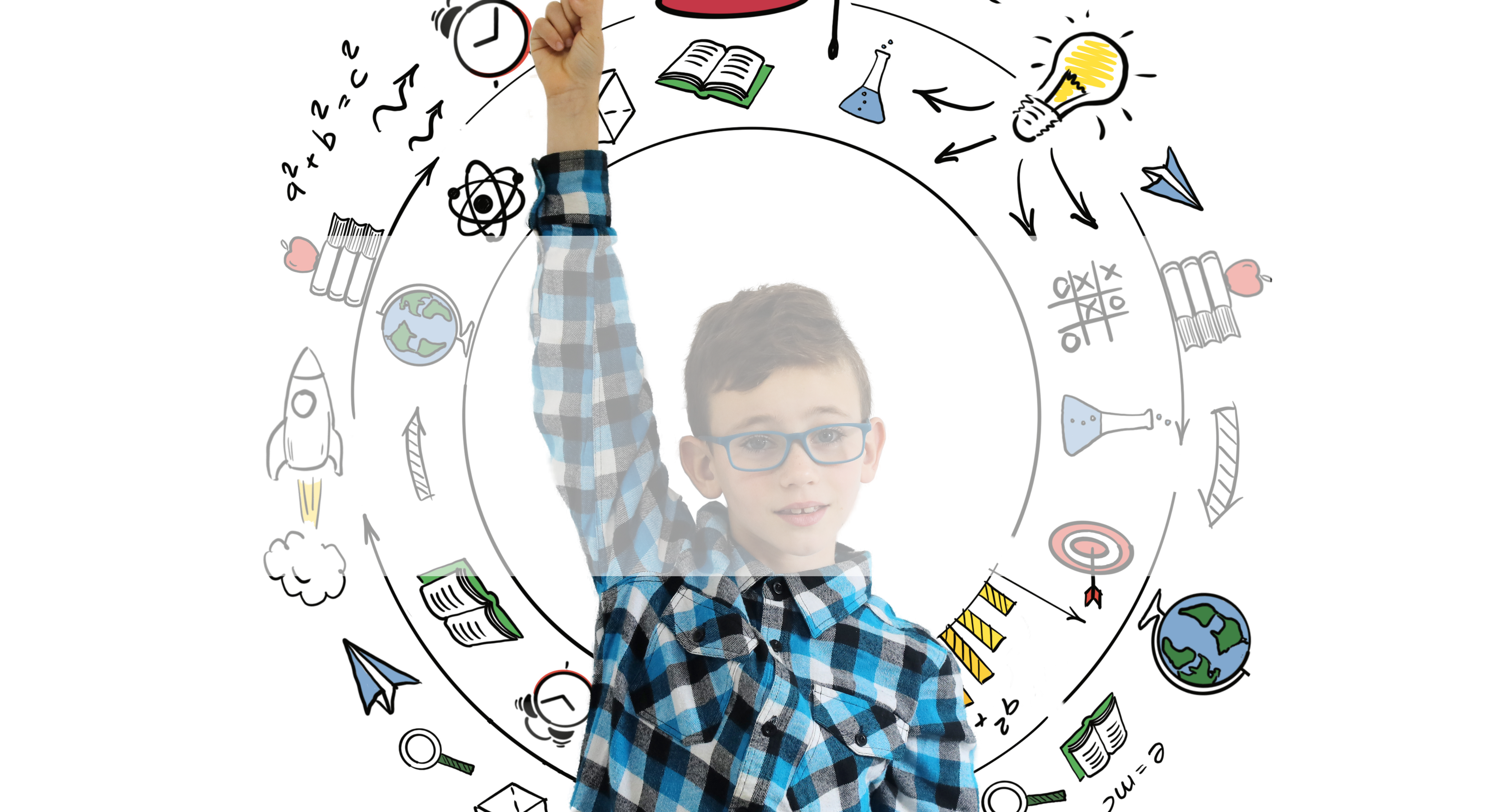 decorative header image with student and school clip art around him