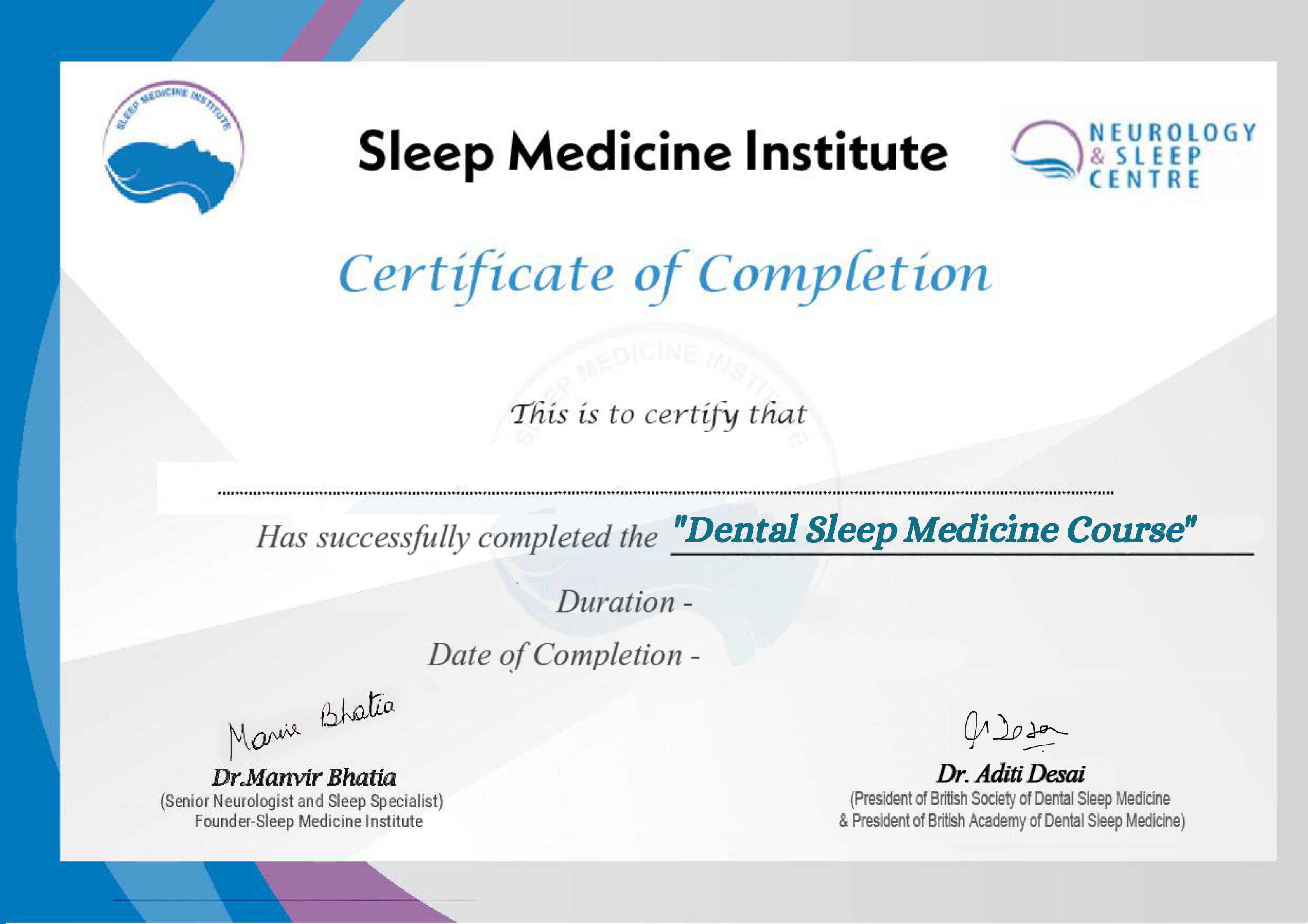 Certificate for Dental Sleep Medicine Course