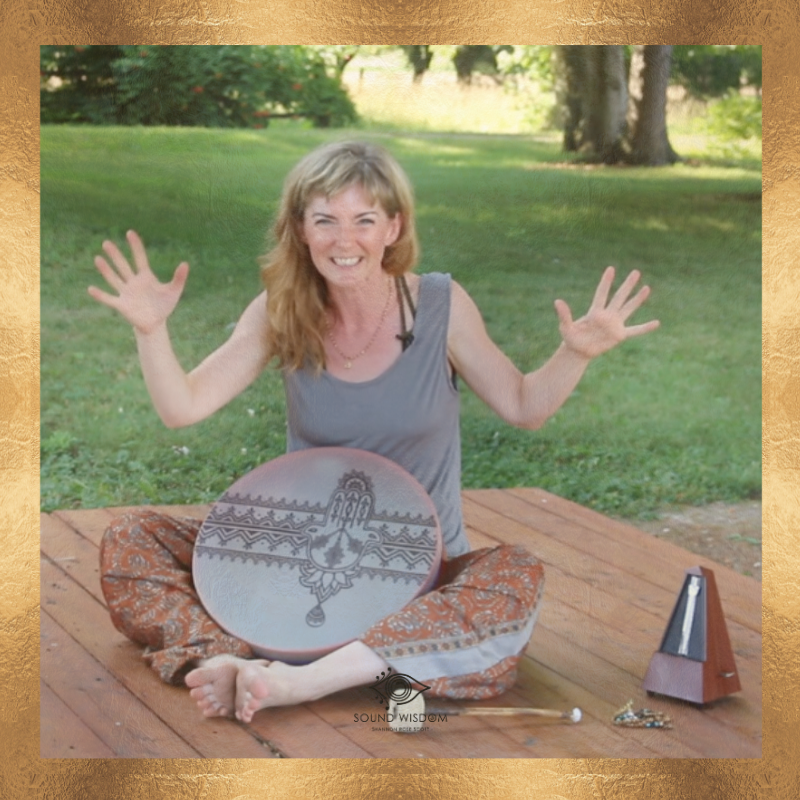 Shannon Rose Scott with a Frame Drum, demonstrating sacred rhythms and techniques for Sound healing, meditation, and personal transformation.  Explore the art of drumming with an expert sound alchemist and yogi rebel.