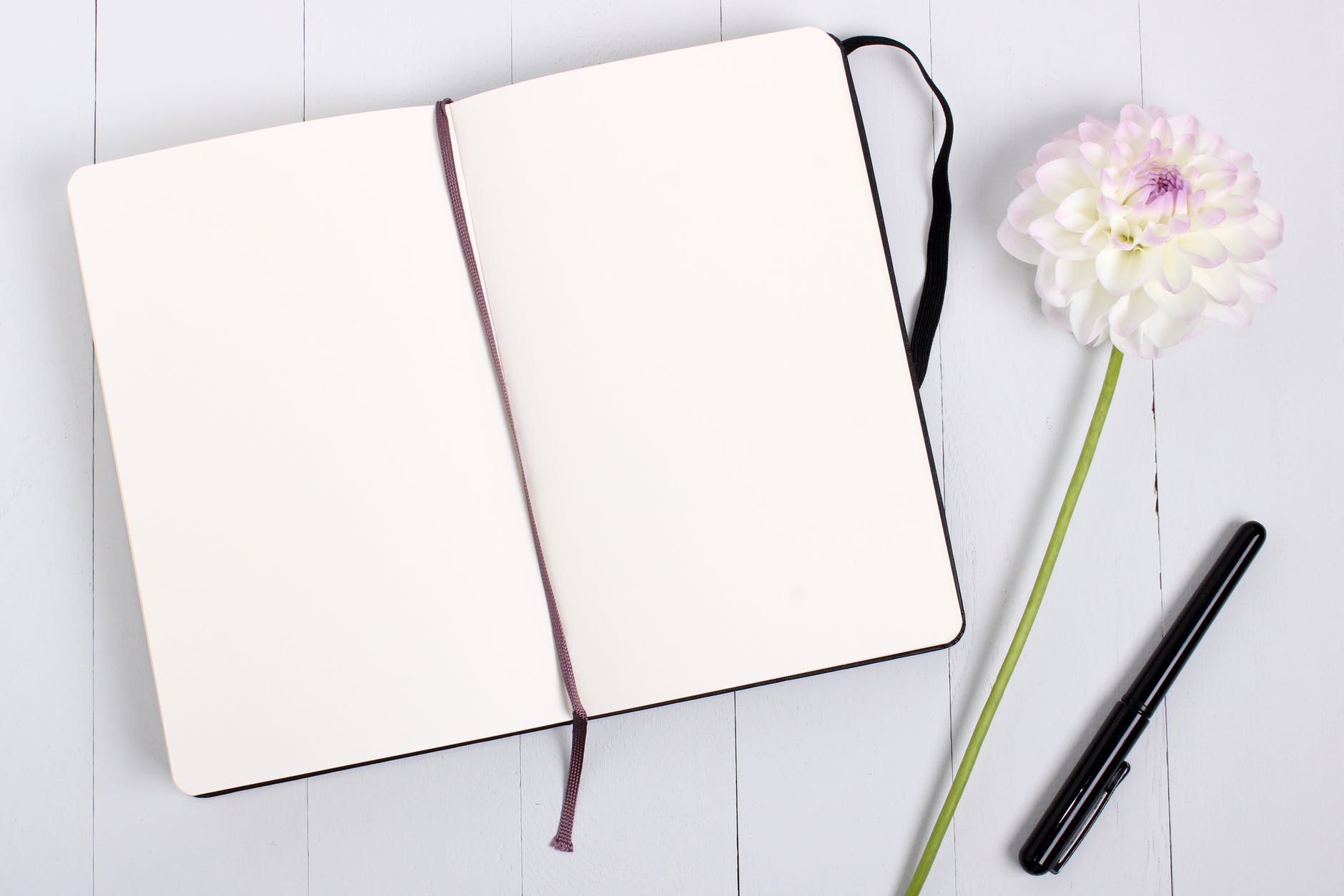 Blank notebook beside white flower and black pen