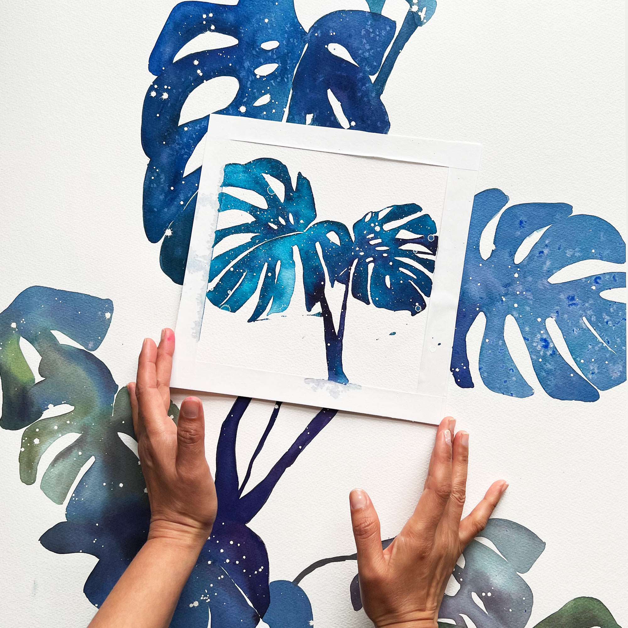 Learn how to paint a mostera leaf with watercolor, online class. Ingrid Sanchez | CreativeIngrid.