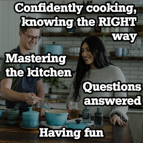 people confidently cooking with a text overlay