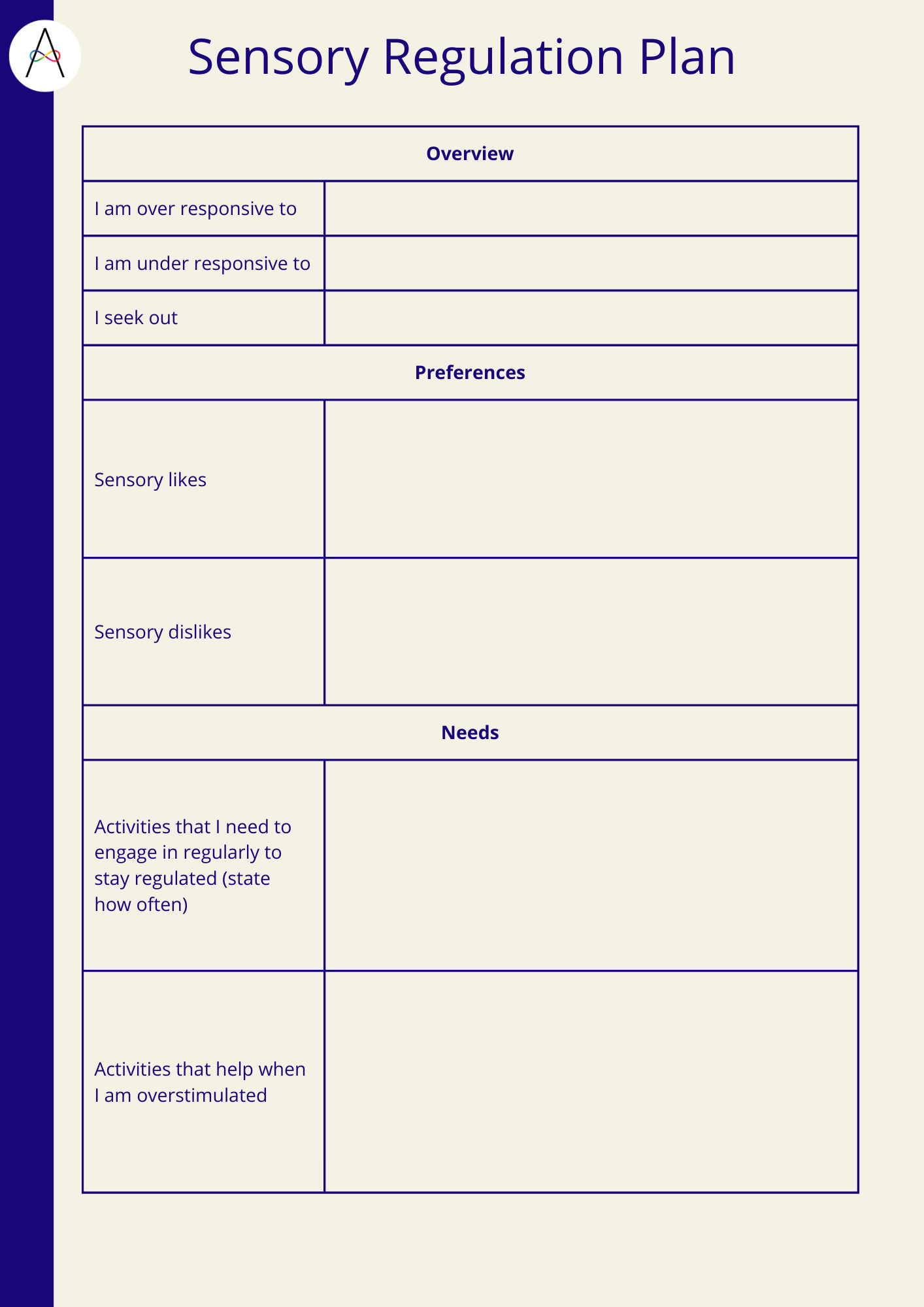 Picture of Sensory Regulation Plan Form