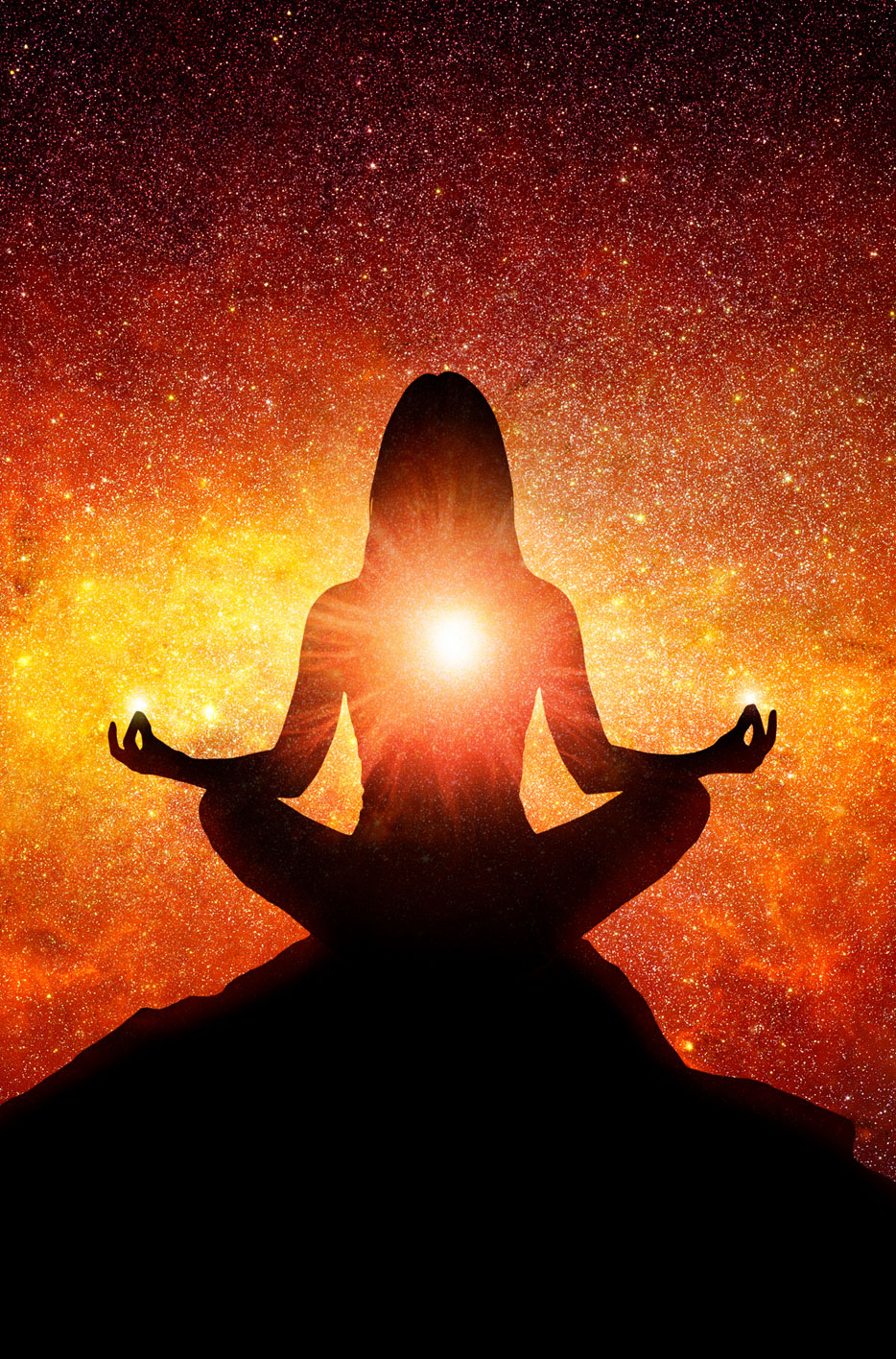woman meditating on heart chakra with stars