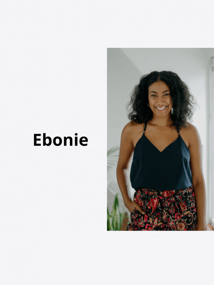Image of coach Ebonie with the text Meet Your Coaches. Highlights Ebonies experience as a professional presenter, show host, former international model, entrepreneur, and expert in communication and presentation skills. Mentions her background on Canadas Next Top Model, The Amazing Race Canada, and as host and producer of the travel show Nomad Generation. Showcases her experience sharing insights at schools, conferences, podcasts, and interviews. Emphasizes her ability to help others overcome camera shyness, present confidently, and unlock their potential in front of the camera.