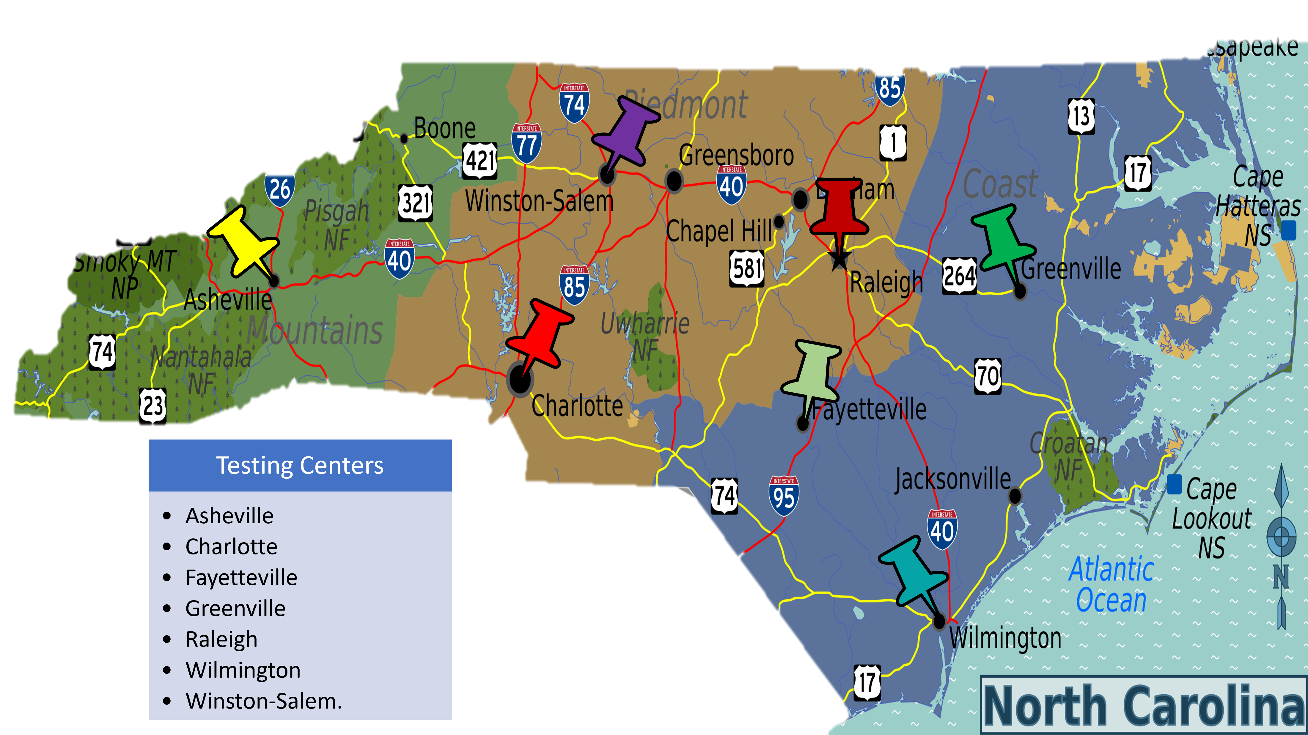 Testing Center Map of North Carolina