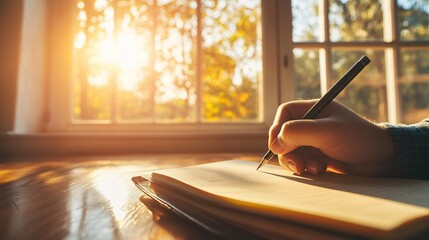 A hand writing on paper in front of a sunny window.