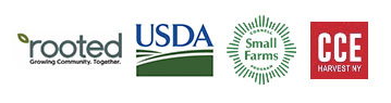 Partner Organization Logos: Rooted, USDA, Cornell Small Farms Program, CCE Harvest, NY